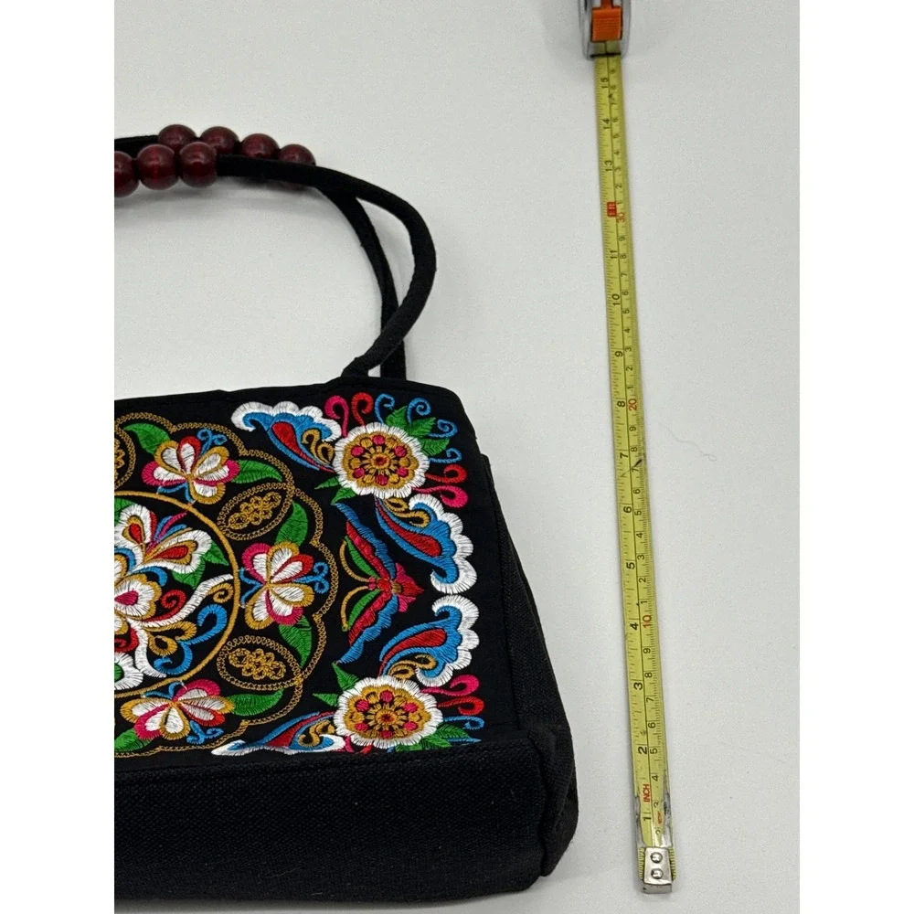 Boho Embroidered Floral Canvas Handbag Black with Wood Bead Handles